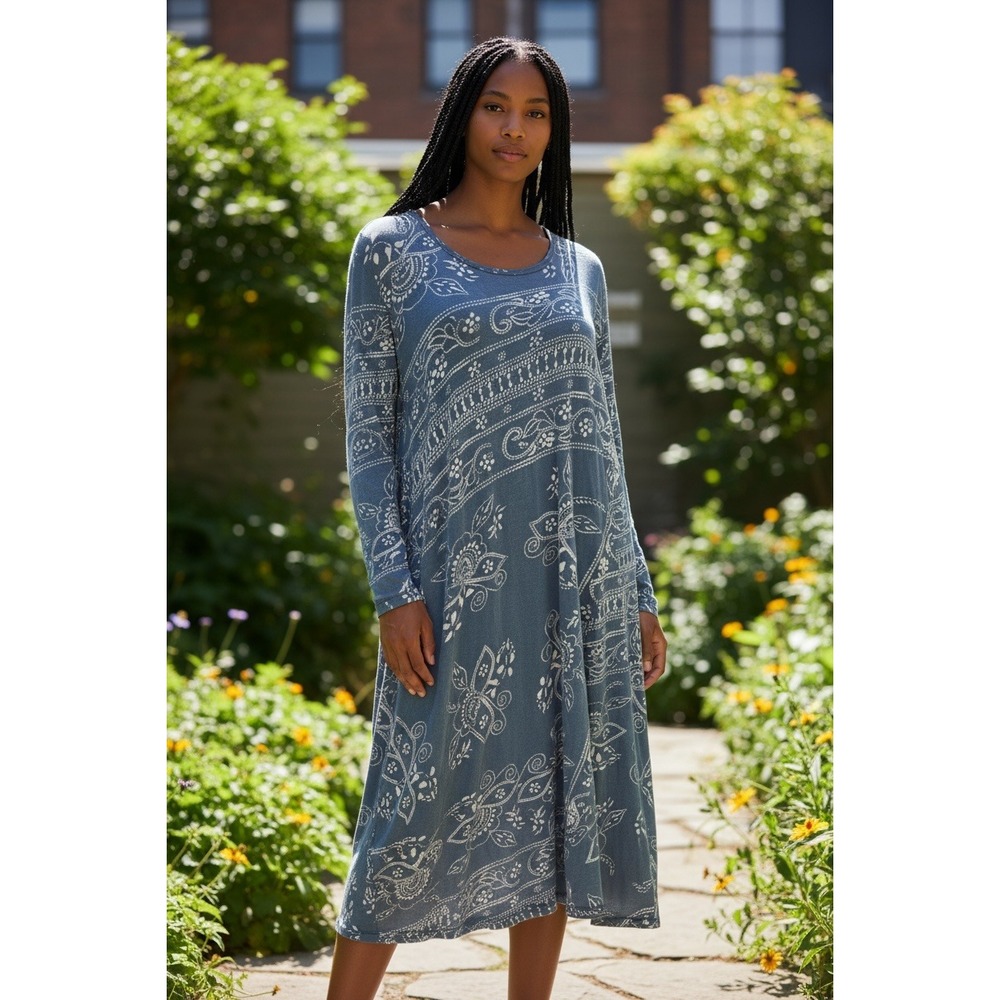Magnolia Pearl Midi Dress SZ OS Blue Bandana Paisley Floral Long Sleeve RARE
